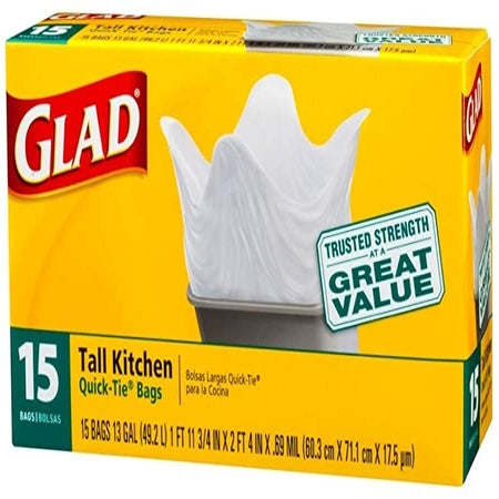 Glad (13 Gallon) Quick Tie Tall Kitchen 15 Bags